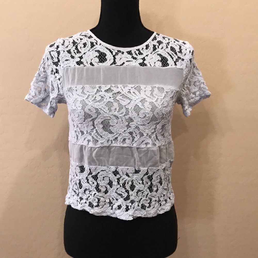 Top Shop By Nordstrom Powder Blue Lace & Mesh Panel Blouse with Back Zipper